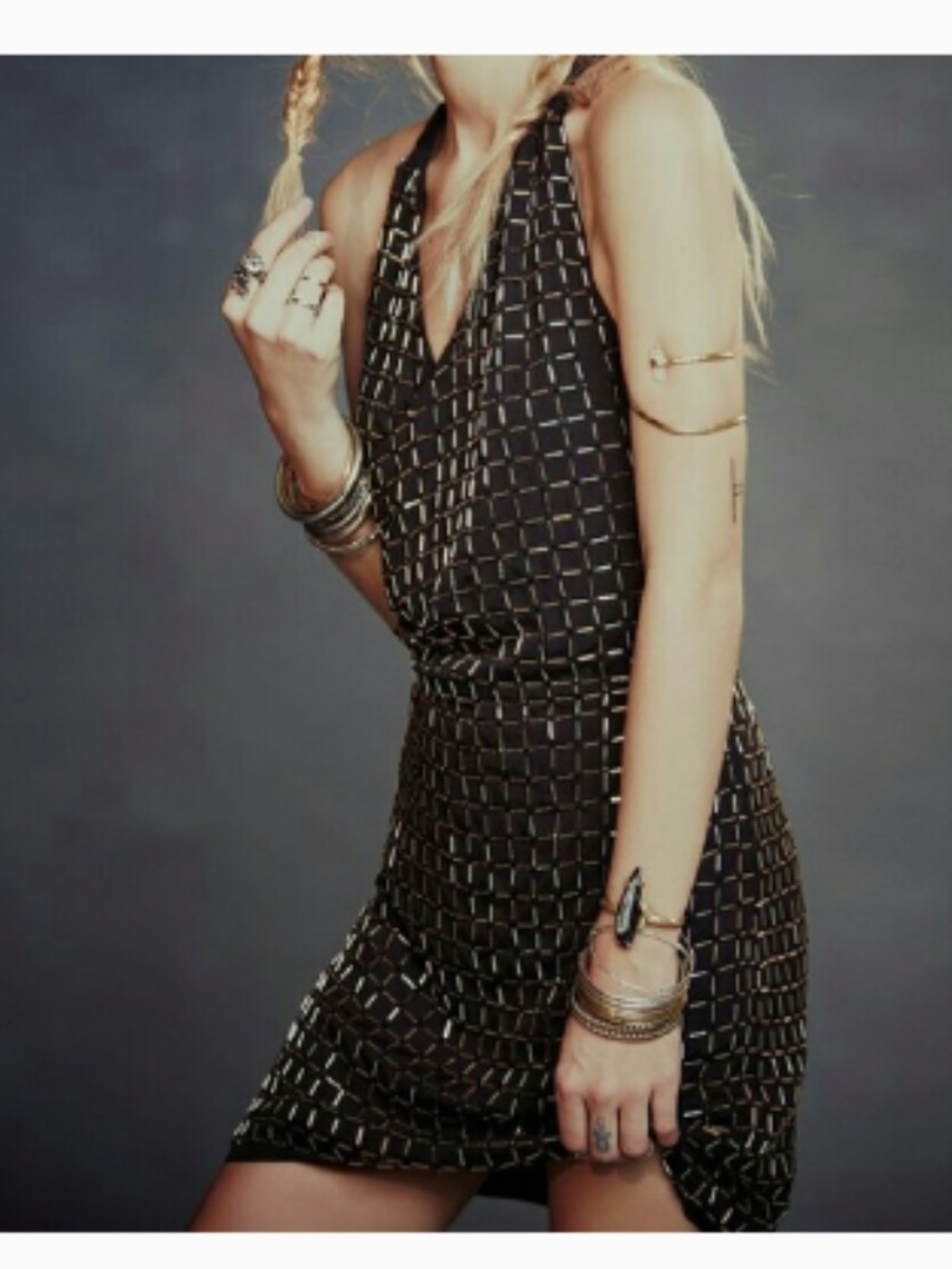 Free People Black & Gold Beaded Whimsigoth Witchy Halter Neck Mini Dress Size 2